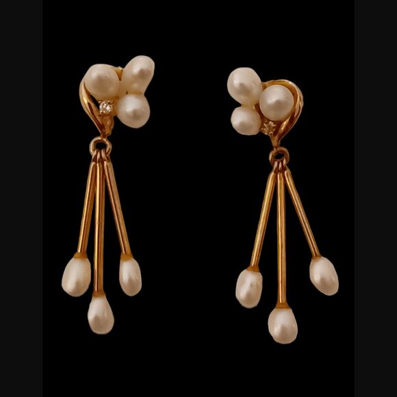 14k Solid Yellow Gold Diamond Oval Pearl Cluster Dangle Stud Earrings 1.75" - Picture 1 of 7
